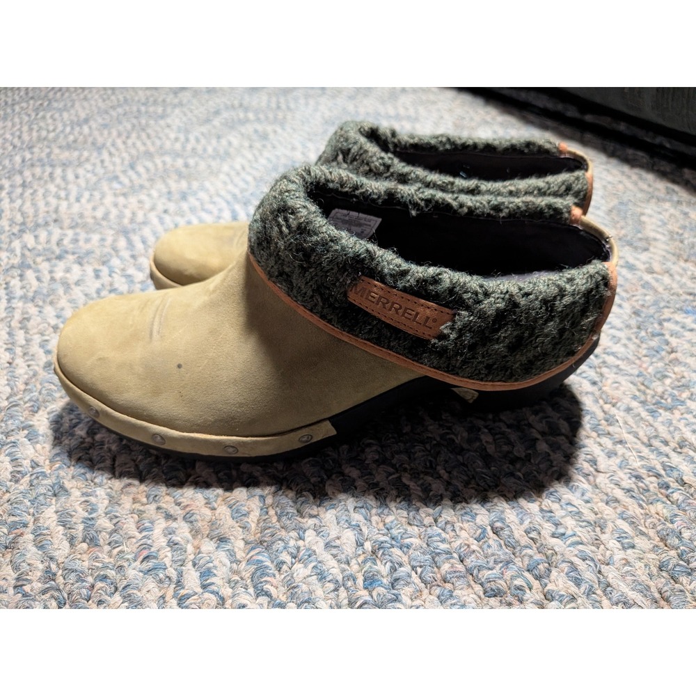 Merrell Luxe Knit Burnt Olive Nubuck Leather Clogs Mules Green J68672 Womens 9